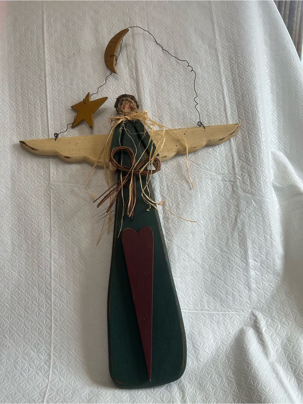 Handcrafted Green & Cream Angel Wall Hanging with Burgundy Heart